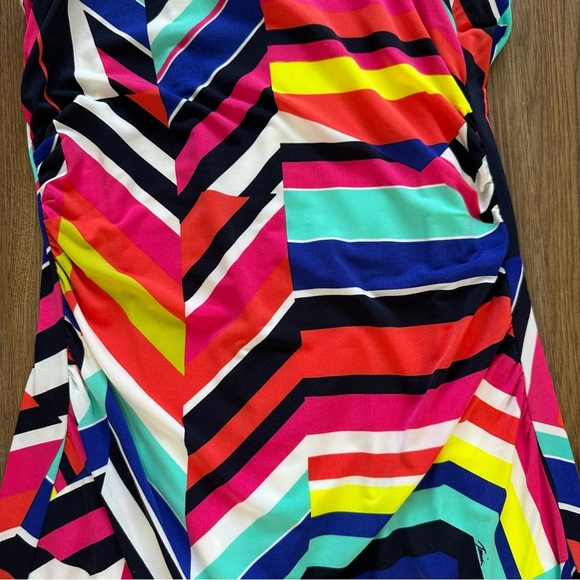 Trina Turk Amaya Colorful Print Bodycon Mini Dress Medium Ruched Sleeveless - Picture 7 of 12